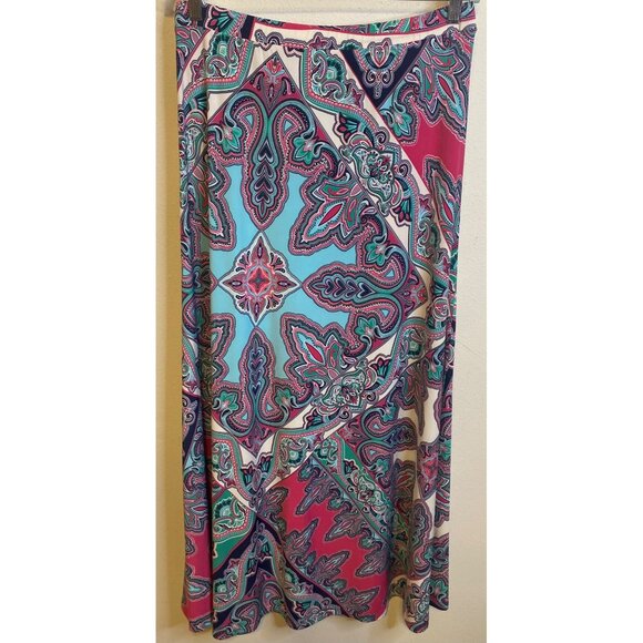 Chicos Size 1 Women's Skirt Scarf Print Pull On Maxi Long Boho Pink Aqua MEDIUM - Picture 2 of 3
